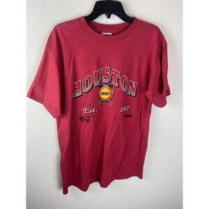 Vintage Mens Houston Rockets Tee Shirt Red Stripe Size L Single Stitch Crew Neck